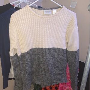 gray and white half and half thick sweater